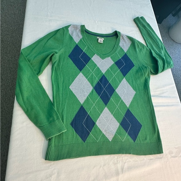 Izod V Neck Argyle Sweater Green Long Sleeve 100% Cotton Size Medium - Picture 9 of 9